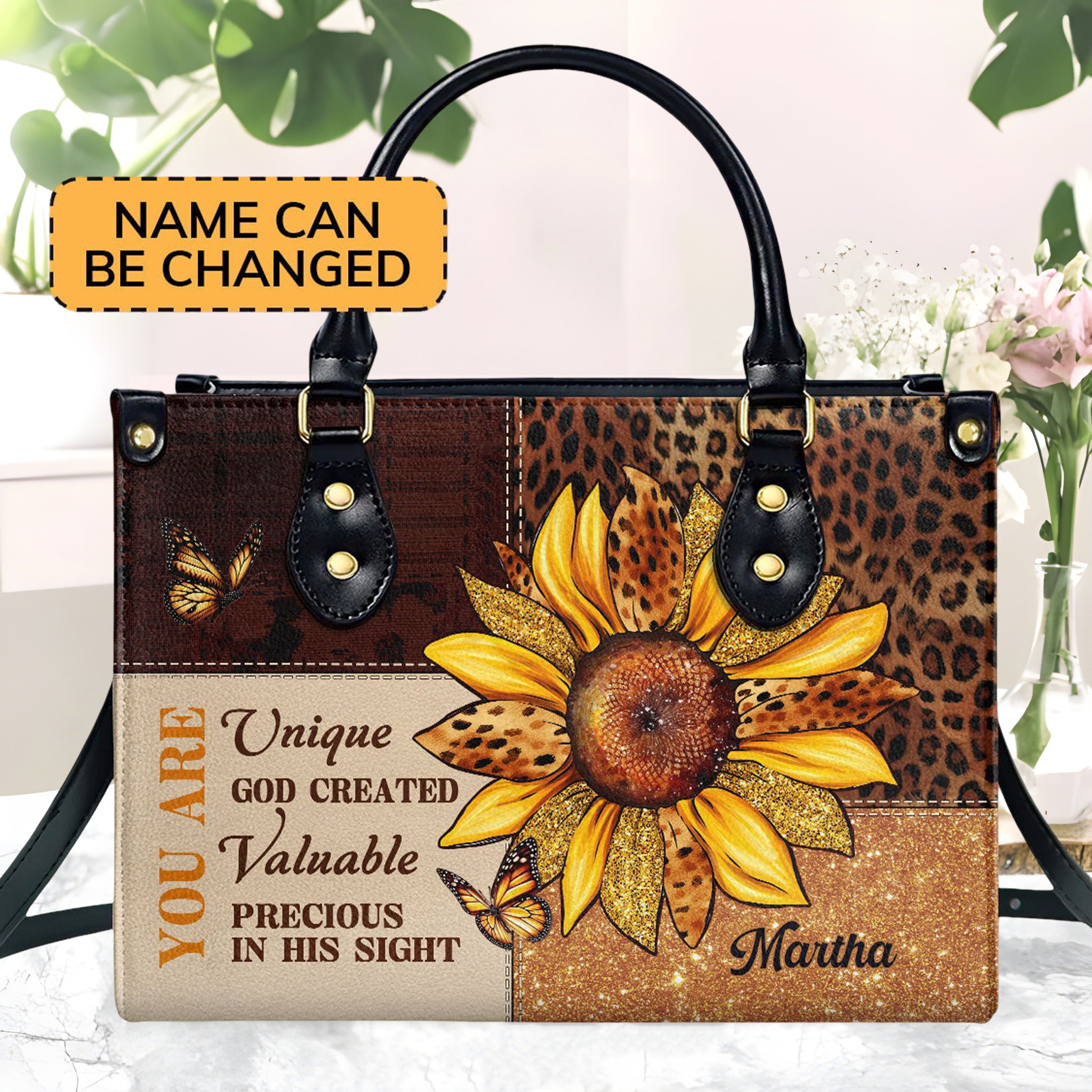 Personalized Christian Leather Handbag, Sunflower Leopard Print Purse, You Are Unique Valuable Precious Bible Verse Bag BLAF45